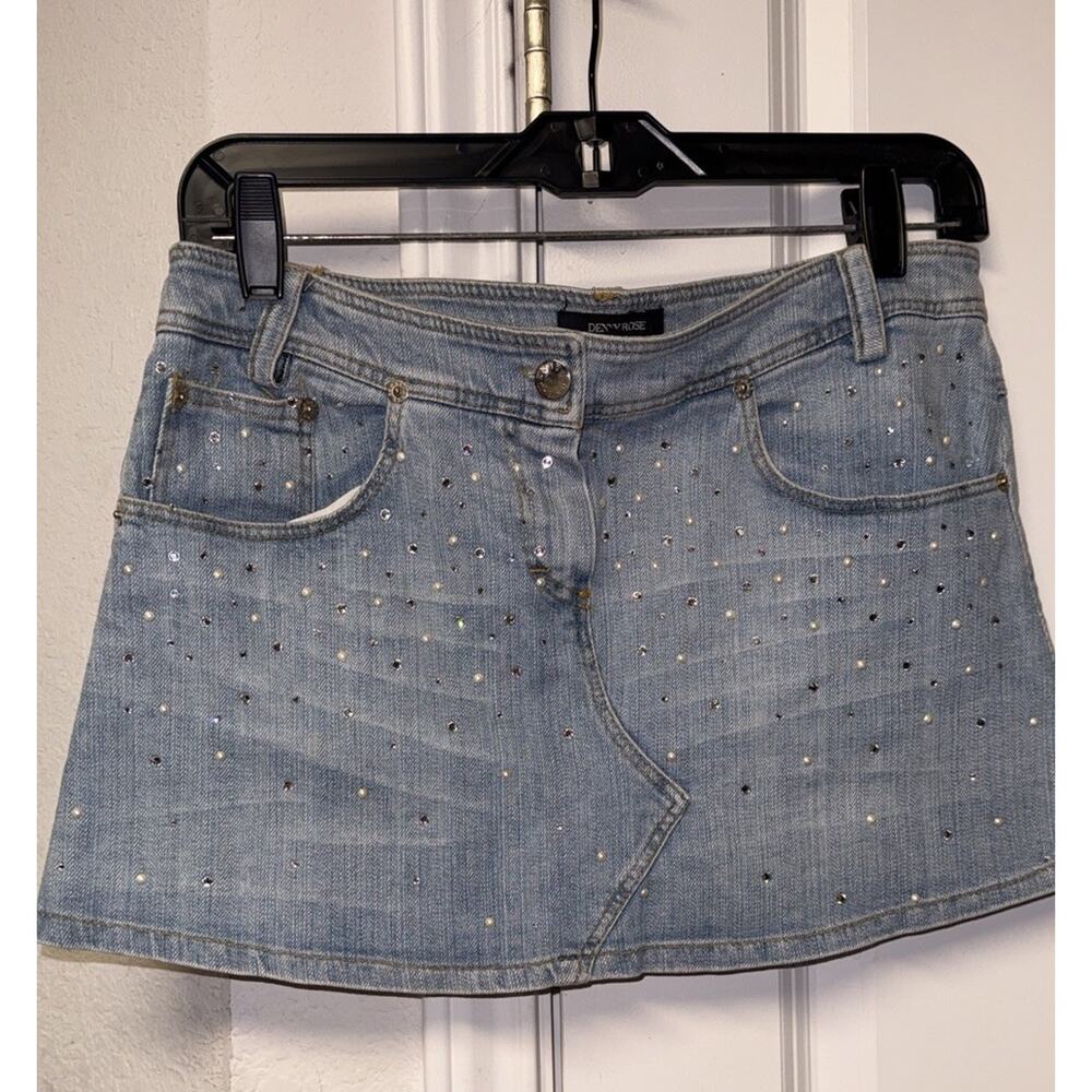 DENNY ROSE Denim Bedazzled Rhinestone Mini Skirt Medium Y2K 2000s Core
